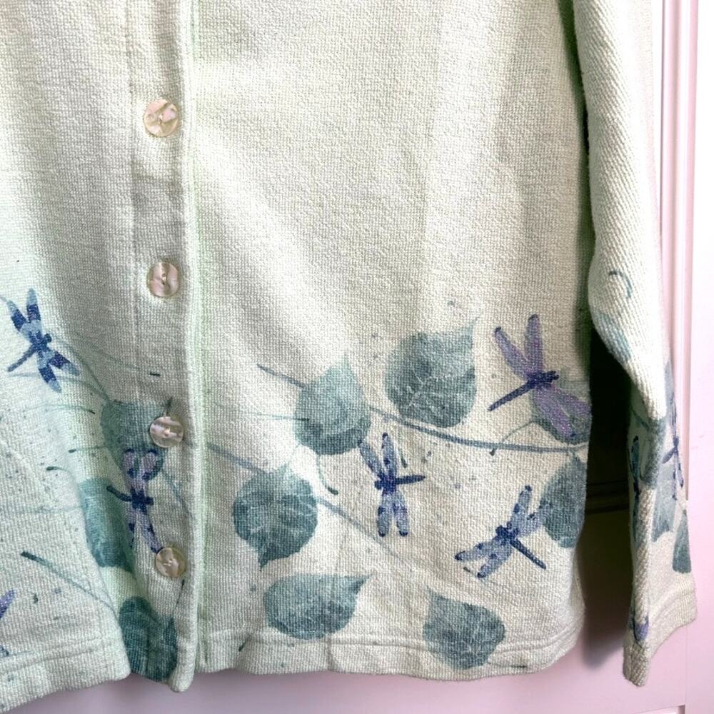 Vtg Artisans Screen Print Dragonfly Cardigan S Sage Green Botanical USA Cotton - Picture 7 of 10